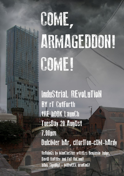 Book launch poster, post apocalyptic scene with Come, Armageddon Come! on the front