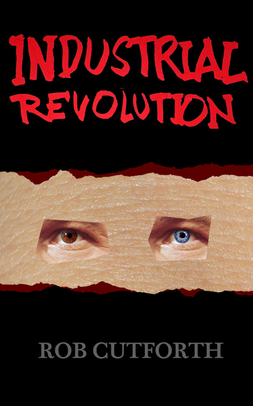 black cover with a strip of flesh punctuated by two right eyes, one brown one blue. Title in splashy red font