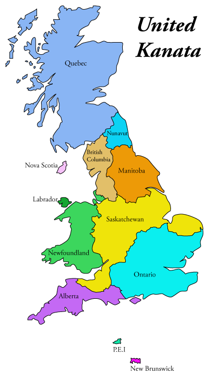 map of UK with Canadian provinces taking the place of UK counties